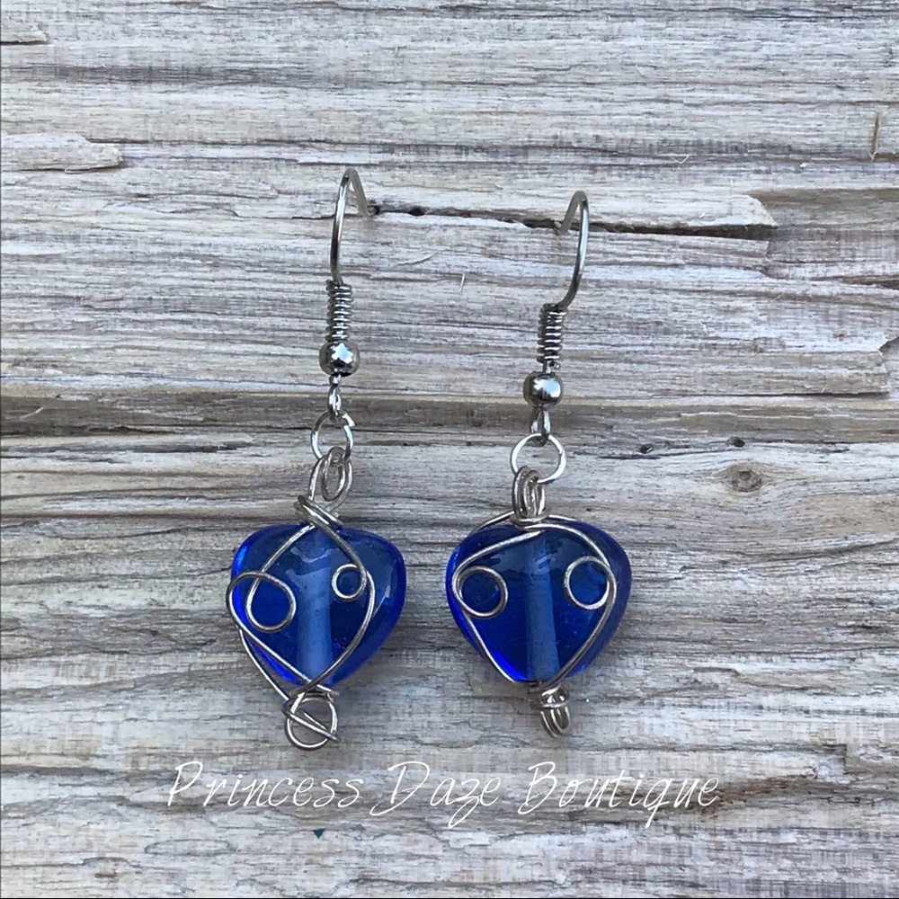 Vintage Blue Wire Wrapped Dangle‎ Earrings